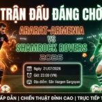 Ảnh bìa trận đấu FC Ararat-Armenia vs Shamrock Rovers, vòng loại Cúp C1 2026/27 trên Xoilac TV với hình ảnh cầu thủ Tera và Byrne.
